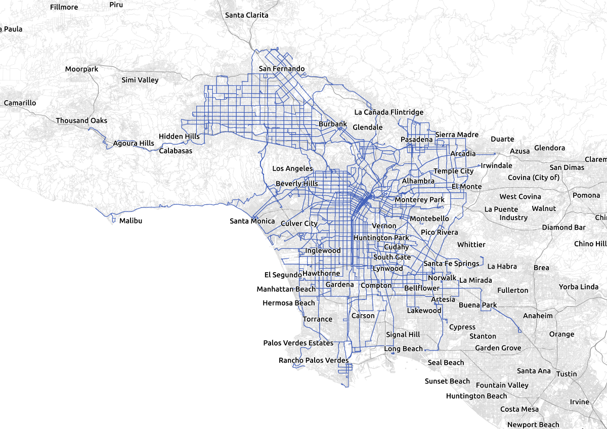 Map of streets in Los Angeles that are traversed by buses