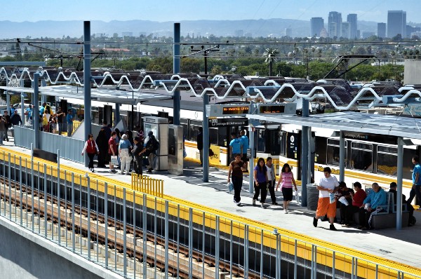 People waiting for the Expo Line in Los Angeles