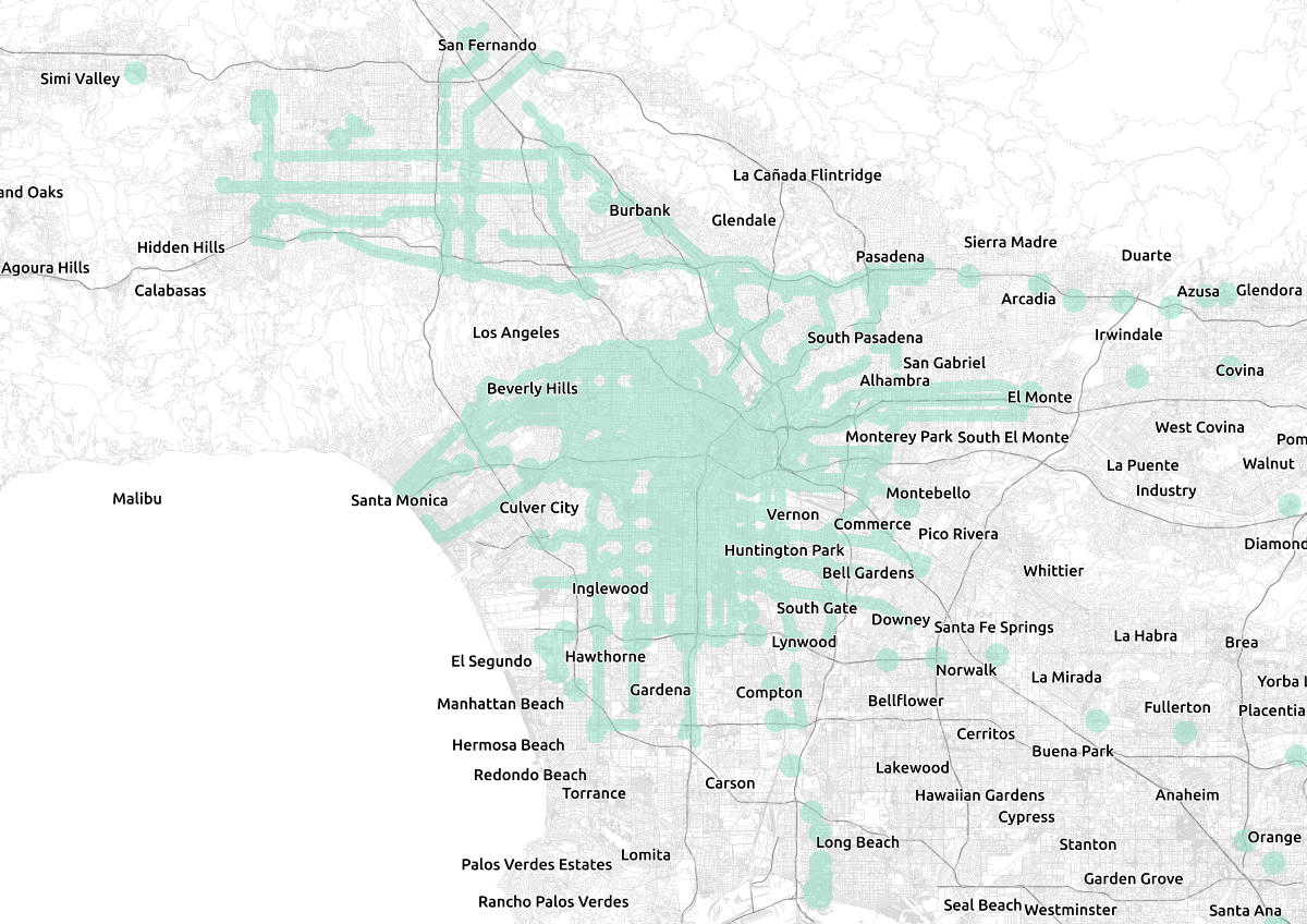 Map of areas in Los Angeles near major transit lines